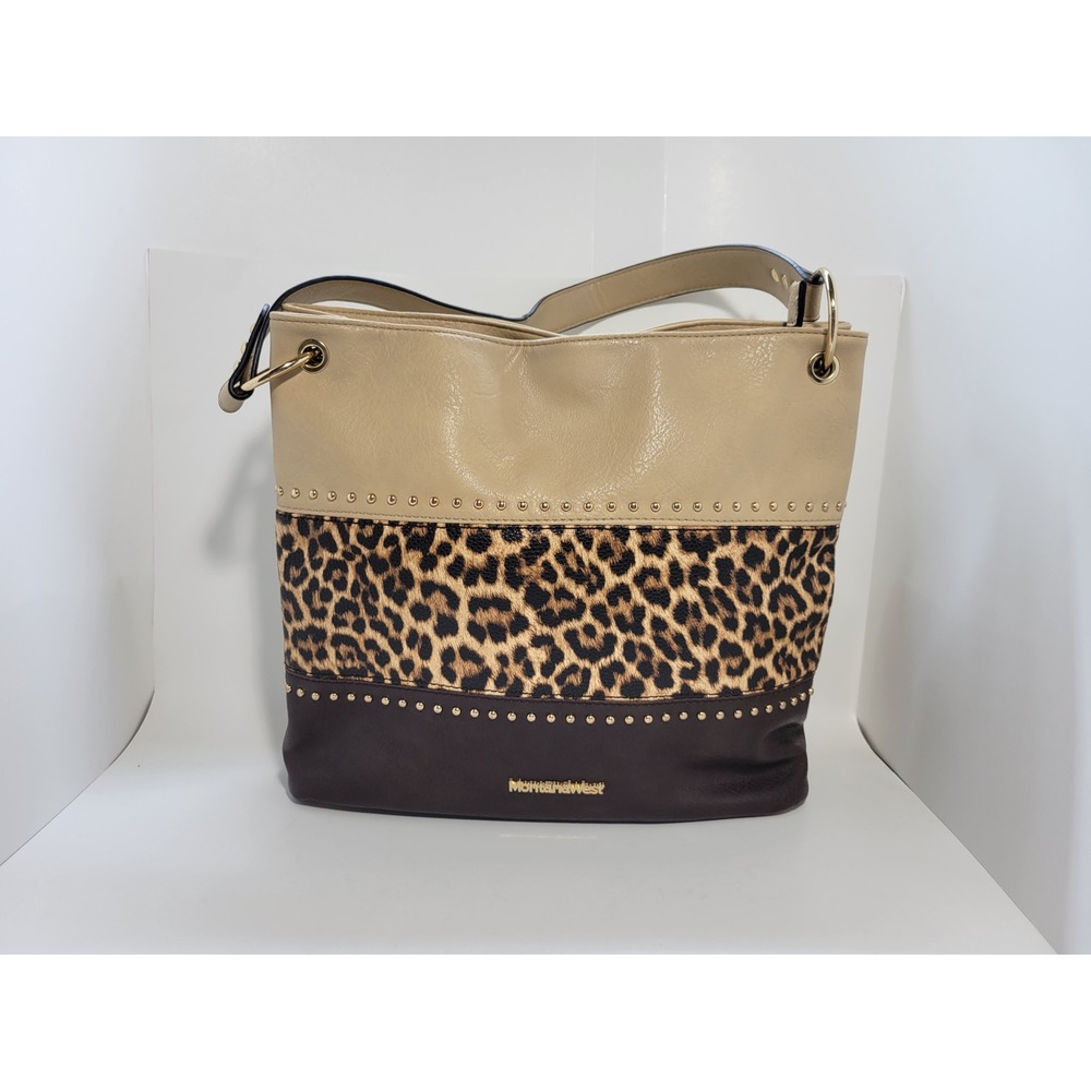 Montana West Select Leopard Print Studded Hobo Shoulder Bag Tan Brown Gold
